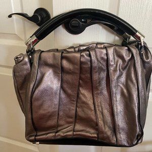 Karen Millen leather bucket bag pewter with black patent handles and bottom